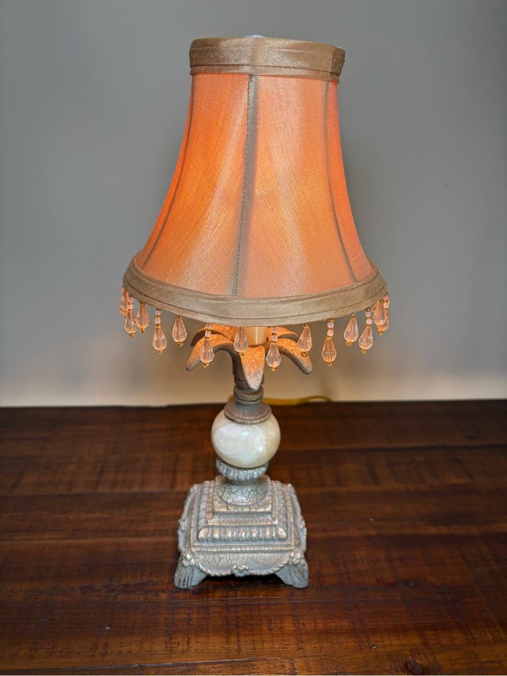 Vintage Style Accent Table Lamp / Gold Fabric Shade With Crystal Bead Drops - Picture 2 of 10